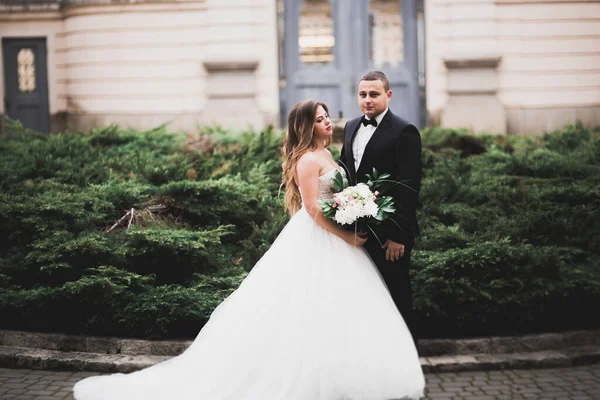 Pareja de matrimonio de lujo, novia y novio posando en la ciudad vieja — Foto de Stock