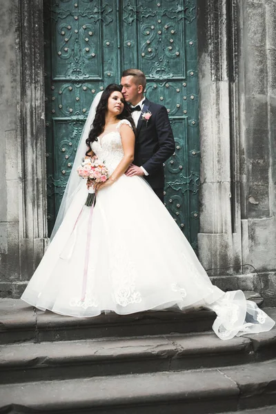 Caucásico feliz pareja romántica joven celebrando su matrimonio. Exterior — Foto de Stock