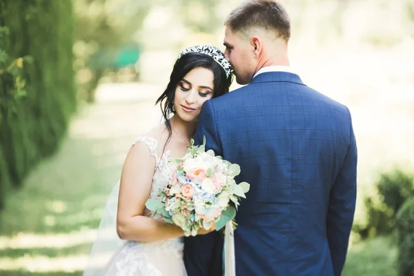 Joyeux couple de mariage marchant dans un parc botanique — Photo