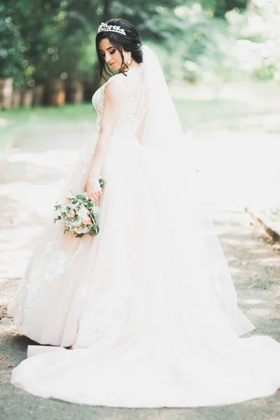 漂亮的年轻新娘穿着婚纱在公园里摆姿势 — 图库照片