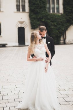 Güzel mutlu bir düğün çifti, uzun beyaz elbiseli gelin.