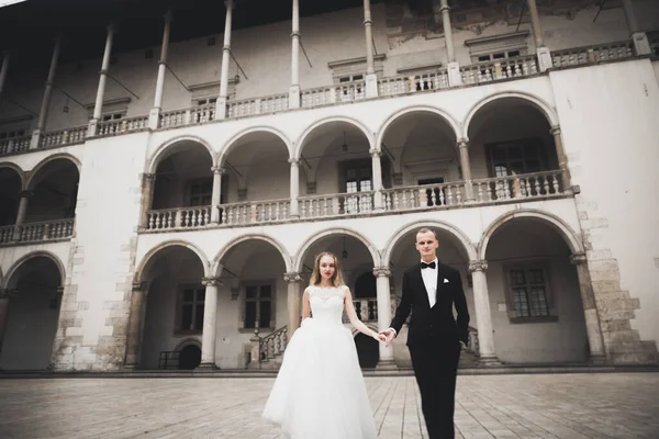 Coppia perfetta sposa, sposo posa e baci nel loro giorno del matrimonio — Foto Stock