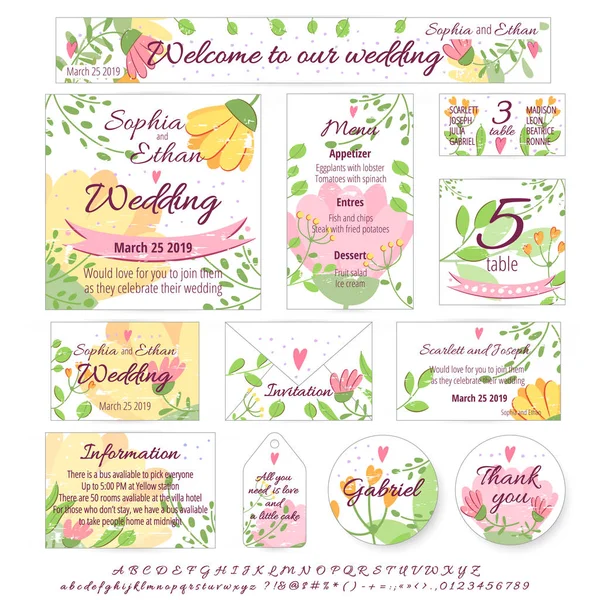 Wedding design vector concept set with Invitation, menu, Rsvp, cute card, envelope, cover, poster. Floral design concept collection with flower, leaves, romantic trendy greenery tender forest bouquet — Stock Vector