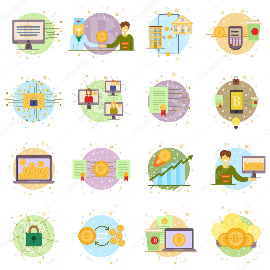 Cryptocurrency process and mining set. Flat vector illustration collection in crypto theme. Crypto currency labels with bitcoin sign, network server, computer hardware, graphs, mining, coins. Vector.