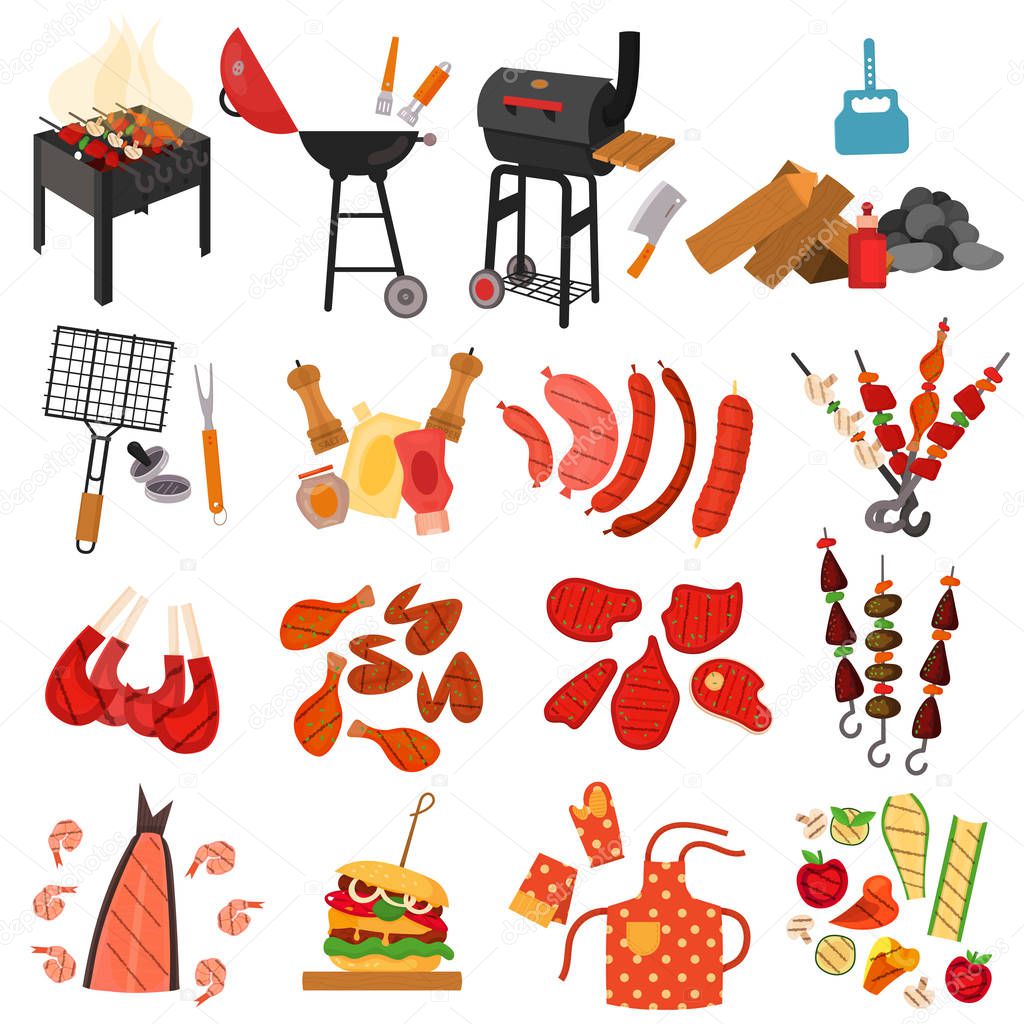 Barbecue grill cartoon elements set 