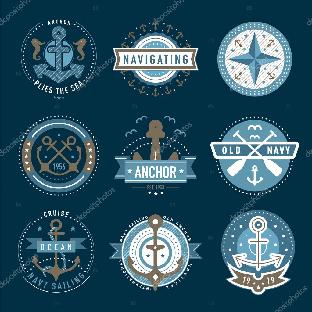 Nautical logo template set. Sailing object, icon vector set. Marine label, sea badge, anchor logo design, graphic emblem. Anchor,  ship silhouettes. Boat, anchor, lighthouse, handwheel symbols image