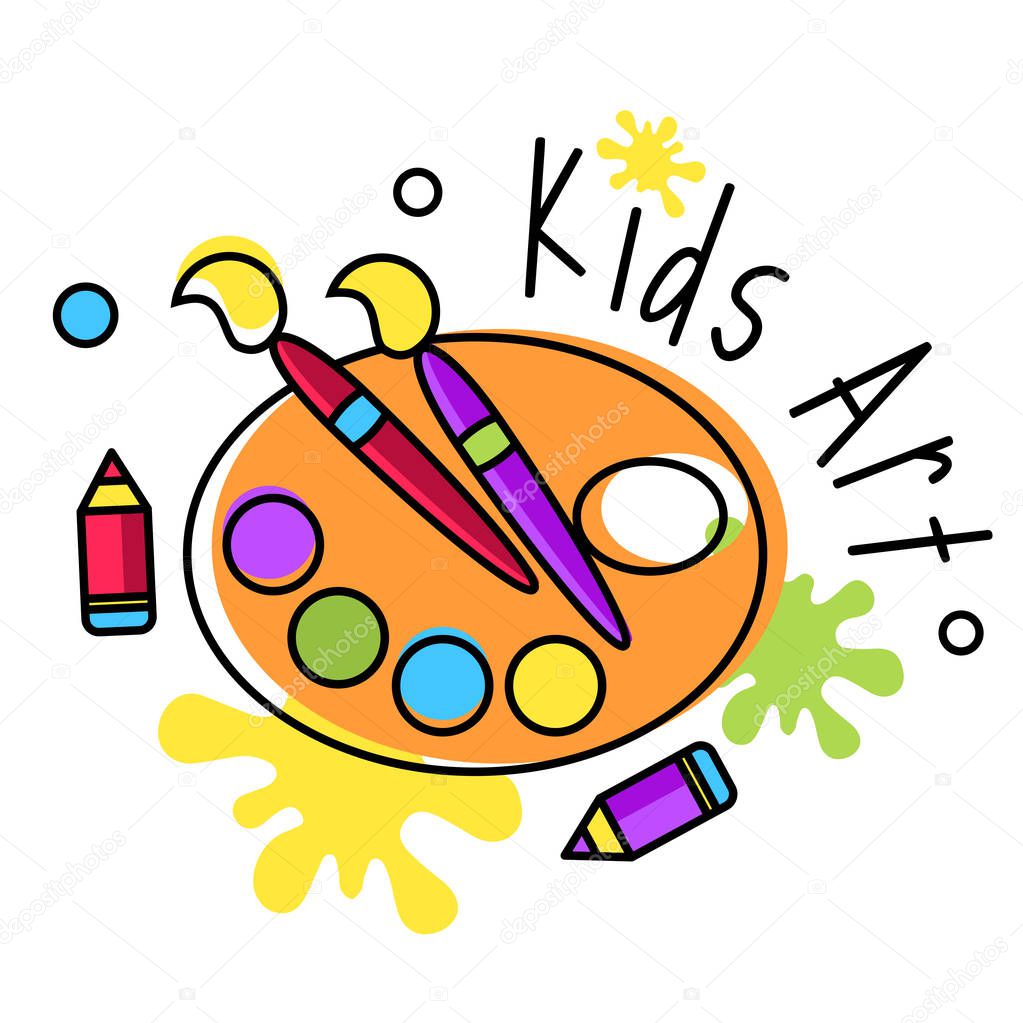 Colorful promo sign, creative idea for children playing space. Vector watercolor icon, symbol, child logo. Kids logo vector image. Logo of kids club, land, playground, zone, hobby, art. Children badge