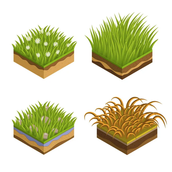 Trawa, warstwy płytek glebowych izometrycznych — Wektor stockowy