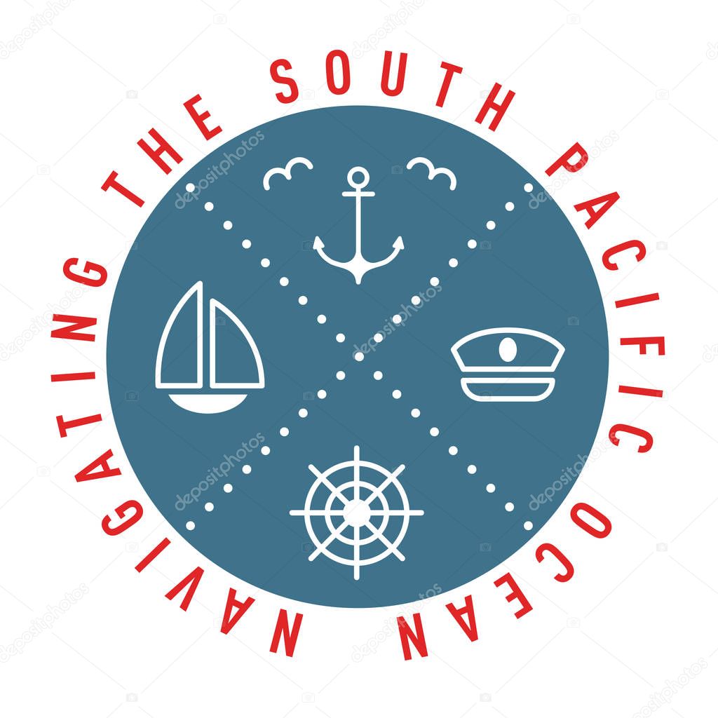 Nautical logo template. Sailing object, icon vector. Marine label, sea badge, anchor logo design, graphic red blue emblem. Anchor, ship silhouette. Boat, anchor, lighthouse, handwheel symbol image.