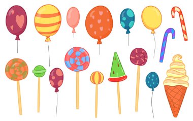 Balonlar, tatlılar, dondurma, lolipop seti.