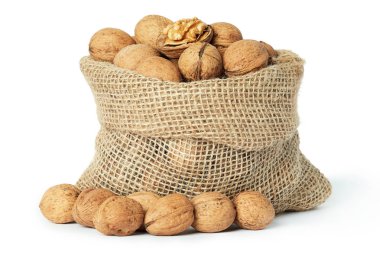 Beyaz arka plan üzerinde izole çuvala (içinde deniz hayvanı kabuğu) bütün ceviz