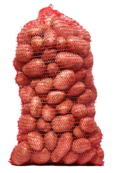 Σάκος Των Νωπών Πρώτων Πατάτες Που Απομονώνονται Λευκό Φόντο — Φωτογραφία Αρχείου
