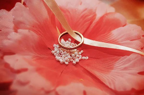 Obrączka ślubna polega na różowy kwiat — Zdjęcie stockowe