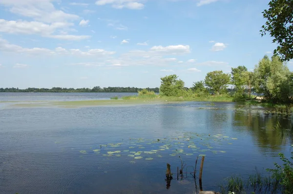 Gran Lago Con Una Orilla Árboles Sol — Foto de Stock