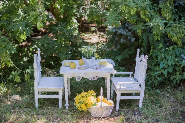 bahçede beyaz sandalye masa standı