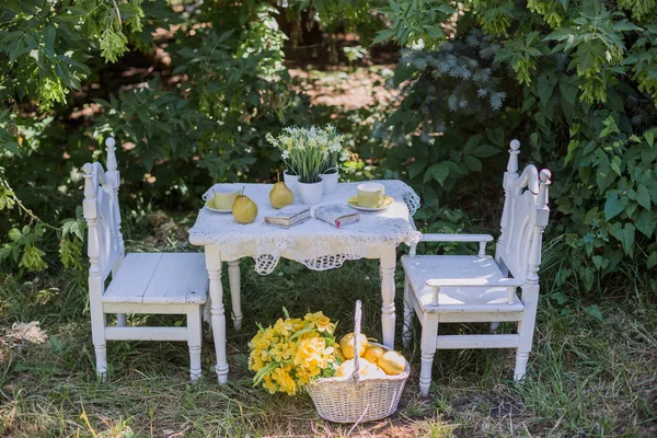 Bílá židle s tabulkou stojí v zahradě — Stock fotografie