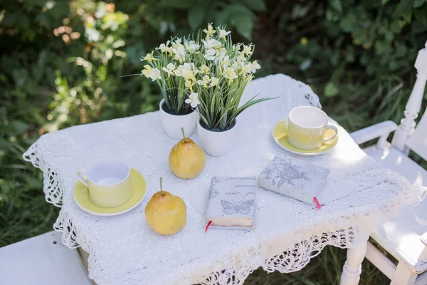 White chairs with table stand in  garden — Stock Photo, Image