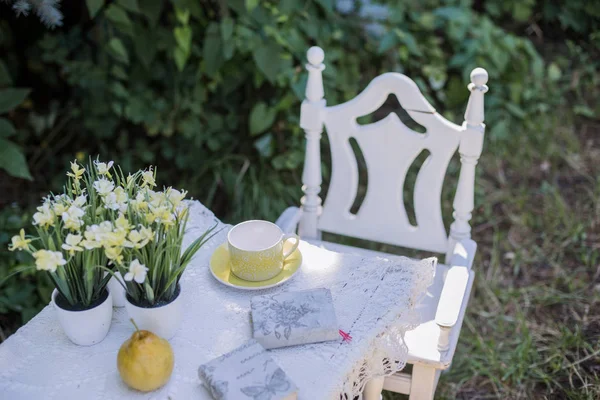 White chairs with table stand in  garden — Stock Photo, Image