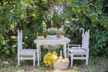 bahçede beyaz sandalye masa standı