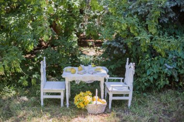 bahçede beyaz sandalye masa standı