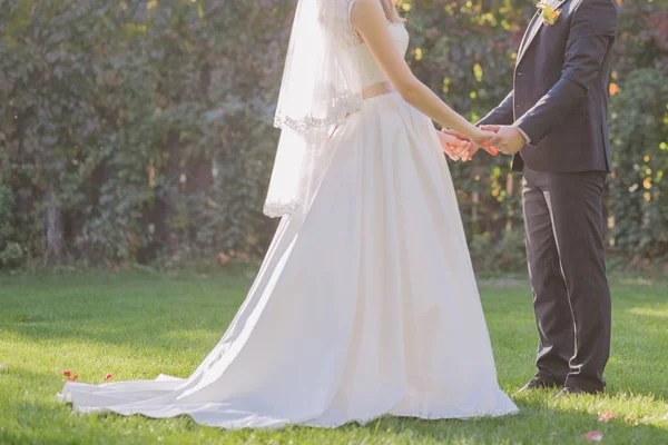 Sposa e sposo insieme in autunno sull'erba — Foto Stock