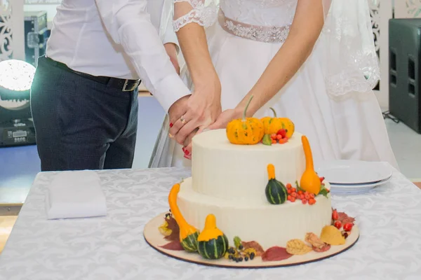 Panna młoda i pan młody pokroić tort weselny na stole — Zdjęcie stockowe