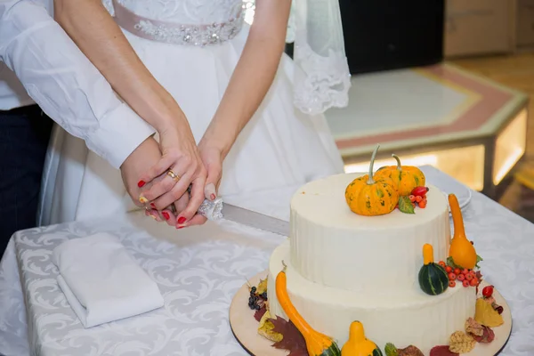 Noiva e noivo cortar o bolo de casamento na mesa — Fotografia de Stock