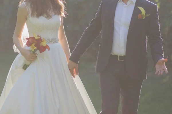 Bride and groom together in autumn on the grass — Φωτογραφία Αρχείου