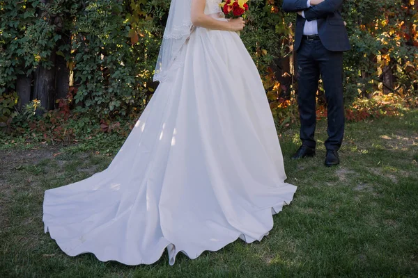 Bride and groom together in autumn on the grass — 스톡 사진