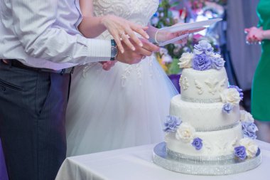 Gelin ve damat düğün pastası bir bıçak ile kesmek