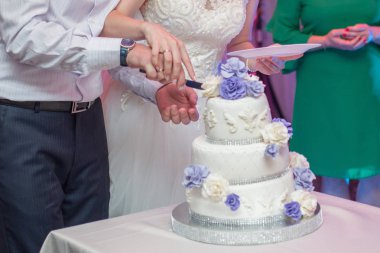 Gelin ve damat düğün pastası bir bıçak ile kesmek