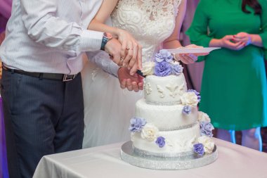 Gelin ve damat düğün pastası bir bıçak ile kesmek