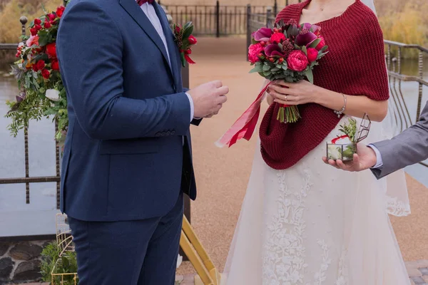 Braut und Bräutigam tragen Ringe aneinander — Stockfoto