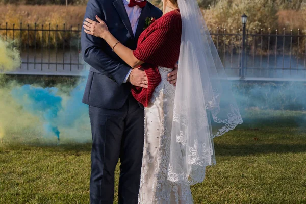 Fumaça Colorida Atrás Dos Recém Casados Parque — Fotografia de Stock