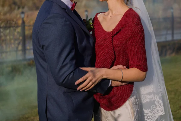 Kleurrijke rook achter de pasgetrouwden in het park — Stockfoto