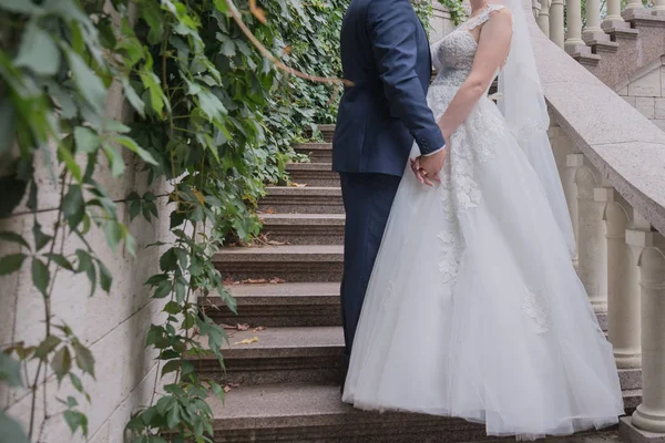 Bride and groom together on the stairs — Stock Photo, Image