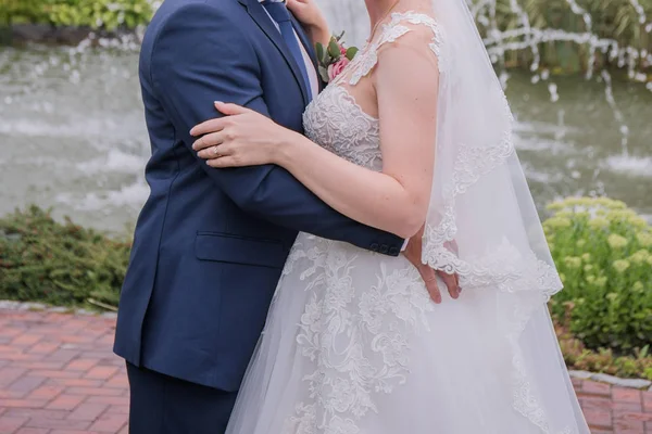 Sposa e sposo si stanno abbracciando nel parco — Foto Stock