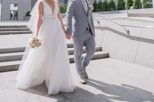 Bride and groom on the big staircase — Stock Photo, Image