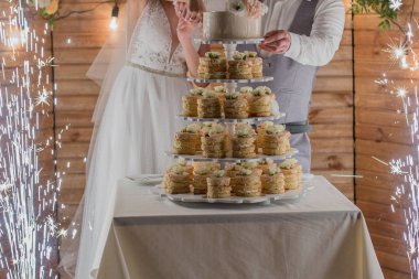 Gelin ve damat düğün pastası ve havai fişek kesti