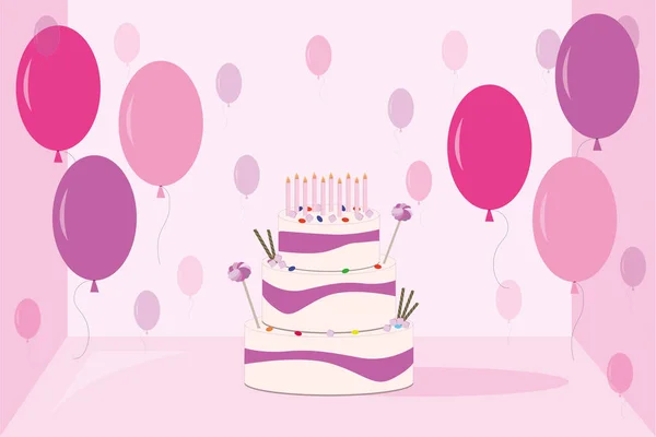 Pastel Rosa Con Globos Velas — Vector de stock