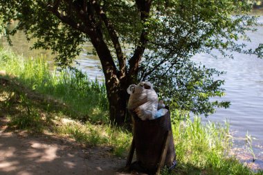 Çöp tenekesi ve göl kenarında bir sürü çöp.