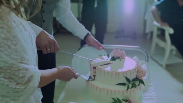 Sposa Sposo Tagliano Una Torta Nuziale — Video Stock