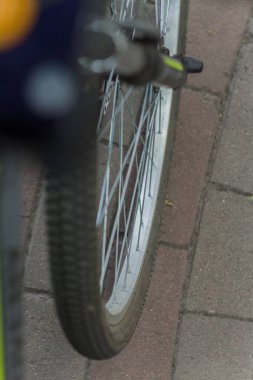 Parkta asfalt üzerinde bisiklet tekerleği