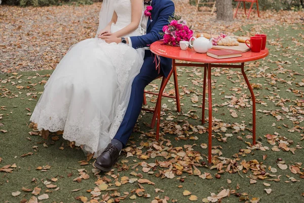 婚礼上新娘新郎一起在公园里 — 图库照片