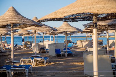 Sahilde şemsiyeler ve deniz kenarında güneşlenmeler.