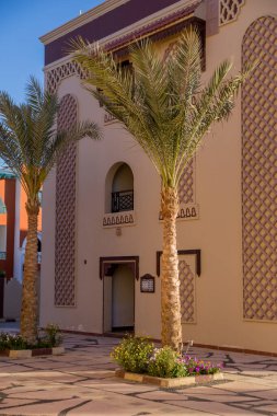 Otelde palmiye ağaçları olan Arap binaları