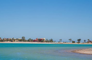 Mısır 'da palmiyeleri ve evleri olan bir sahil.