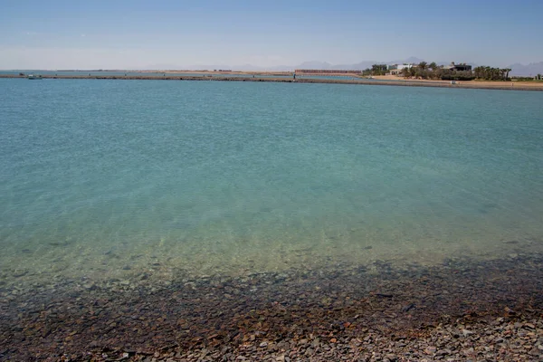 Una Spiaggia Mare Con Palme Case Egitto — Foto Stock