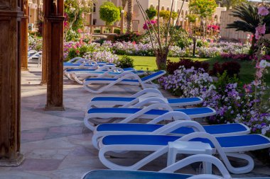 Otelin havuzunun yanında güneşleniyorlar.