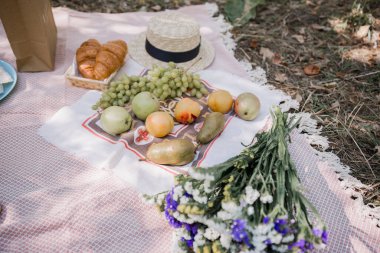 Parkta battaniyenin üstünde meyveler.